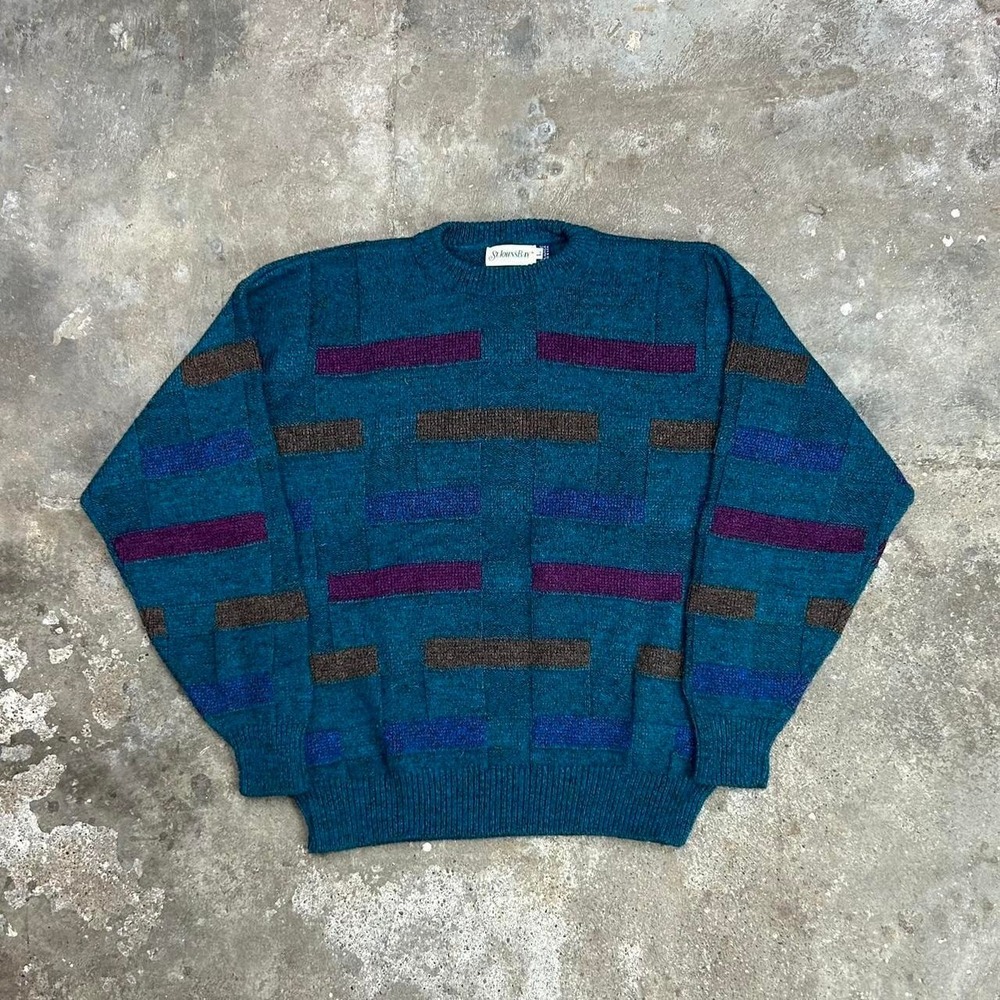 Vintage 80s St Johns Bay Striped Sweater Size Large Green Knit Crewneck USA Made